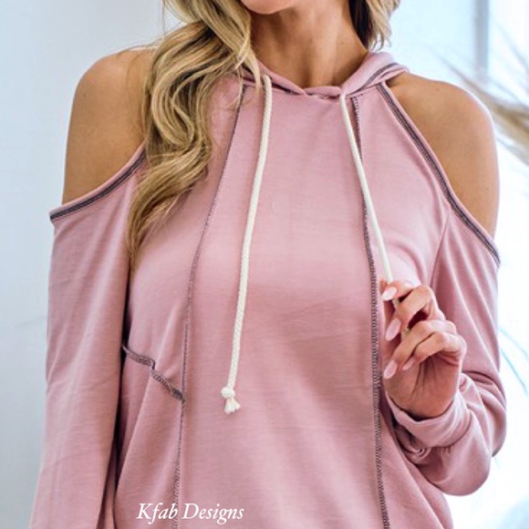 ❤️LAST 1! Soft Heather Rose Contrast Stitch French Terry Cold Shoulder Hoodie - Picture 7 of 7